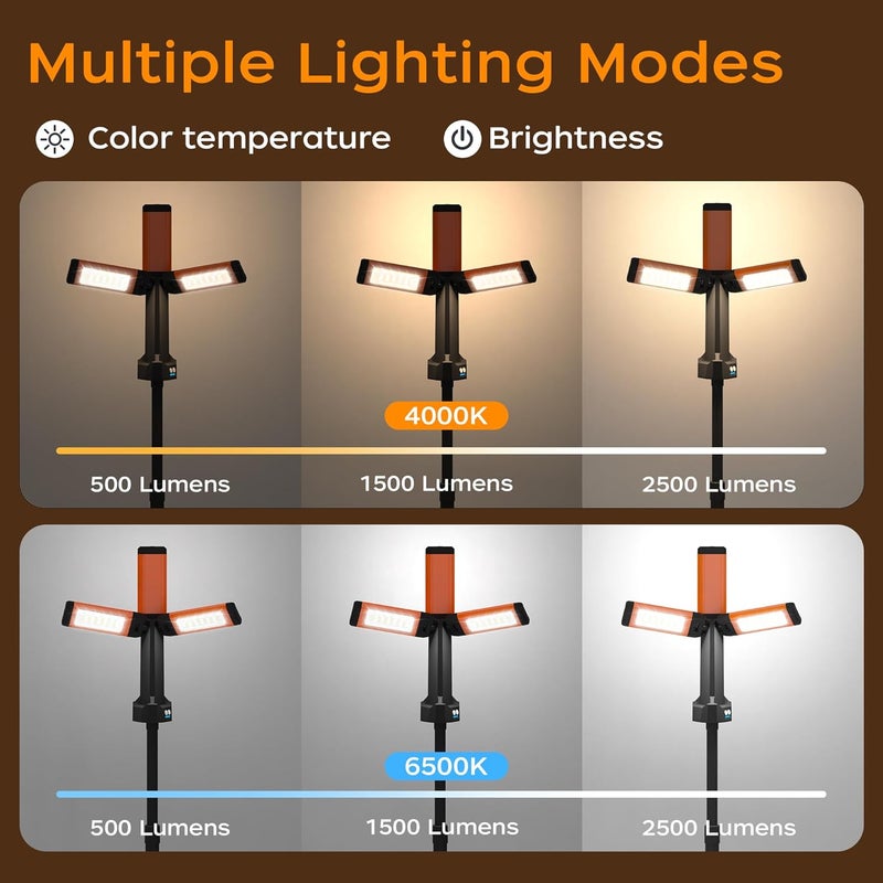 PARTPHONER Rechargeable LED Work Light with Stand, 67" Tall Portable Cordless Work Light, 8AH Battery, 500/1500/2500 Lumen, 4000/6500K Dimmable Camping Light with Detachable Tripod Orange (Carrying Bag Included) - Image 5